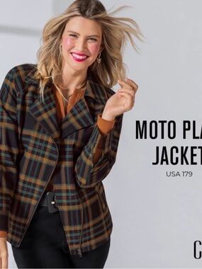 CAbi Plaid Utility Moto Jacket in Green and Brown NWOT